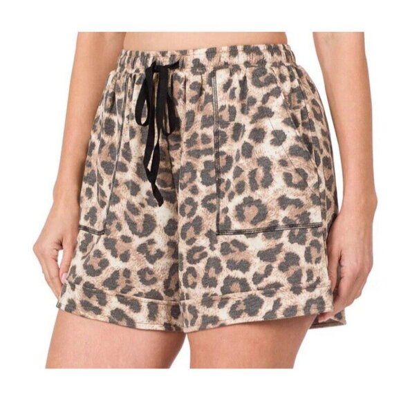 Zenana Outfitters Pants - ZENANA Brown Leopard Drawstring Waist Shorts Brushed Microfiber Women’s Size 2X